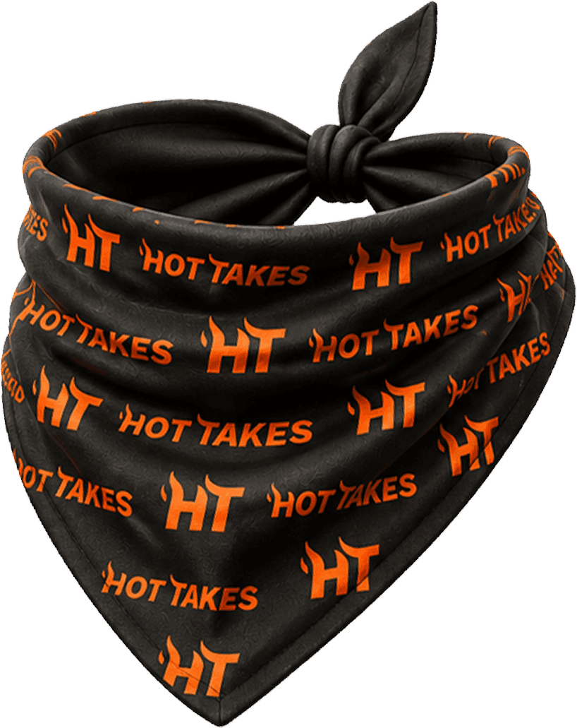 Black HotTakes bandana covered in the orange Hot Takes logo pattern, tied in a knot
