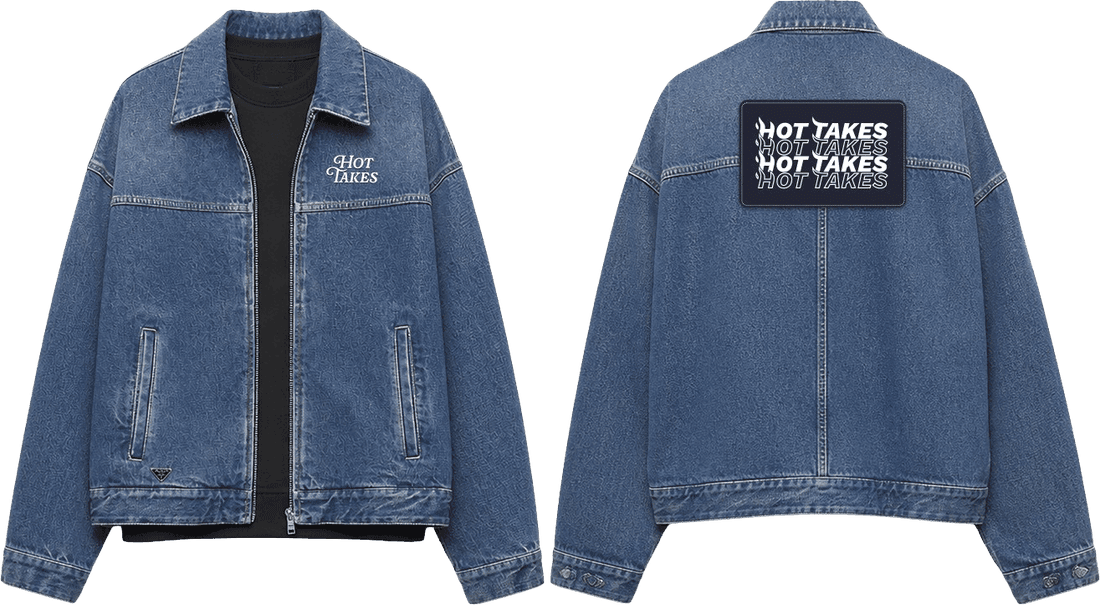 HotTakes denim jacket, front with Hot Takes chest embroidery and back with the Hot Takes patch