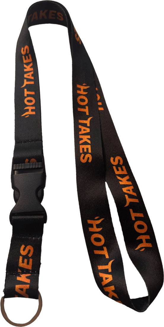 Black HotTakes lanyard with orange Hot Takes print, buckle and key ring