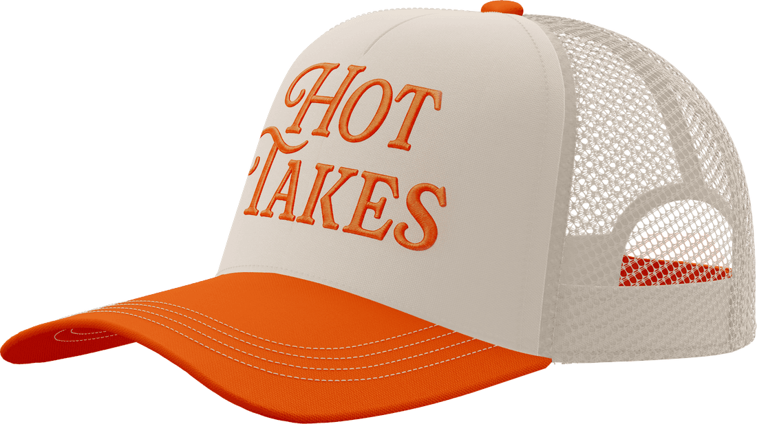 Cream and orange HotTakes trucker cap with Hot Takes embroidered in western script