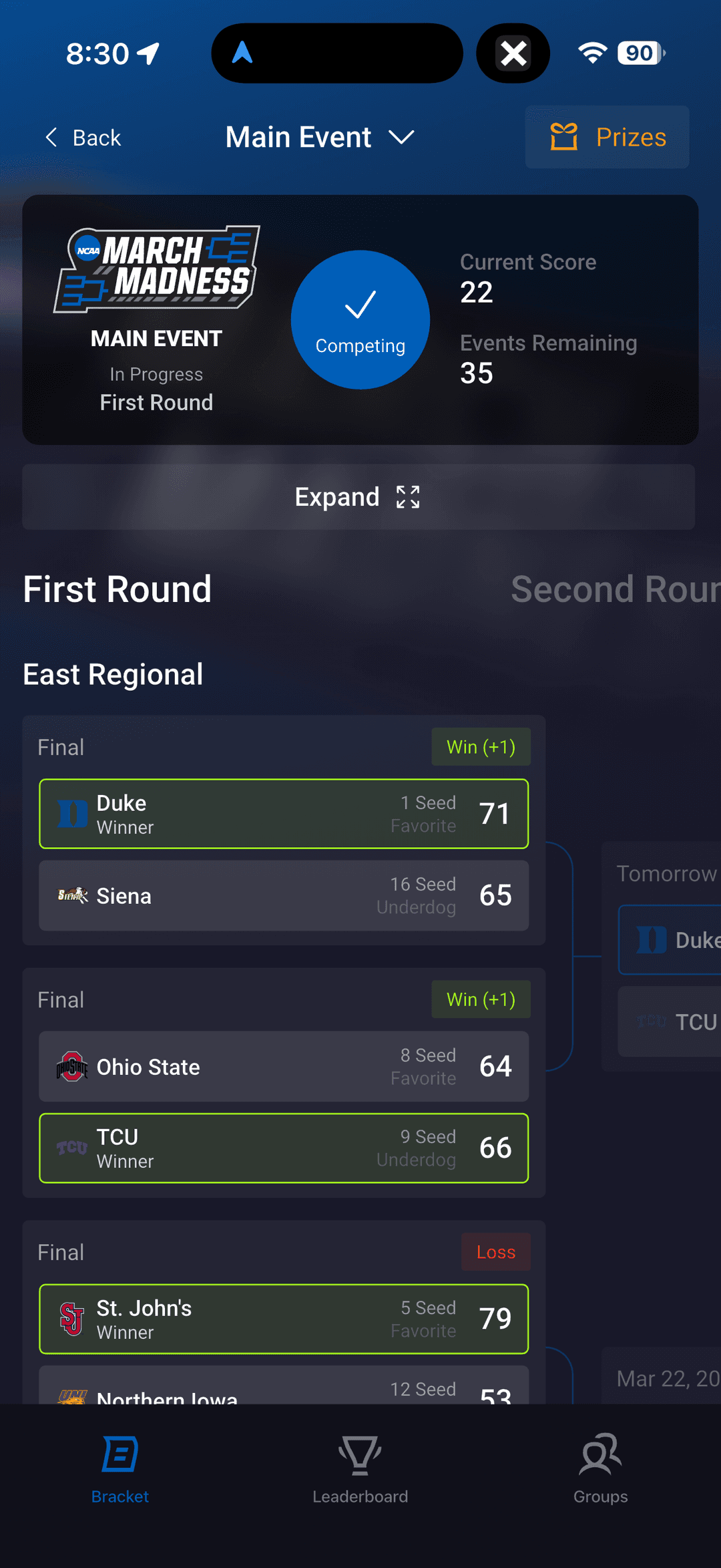 HotTakes March Madness bracket view showing game matchups, seeds, and live scoring
