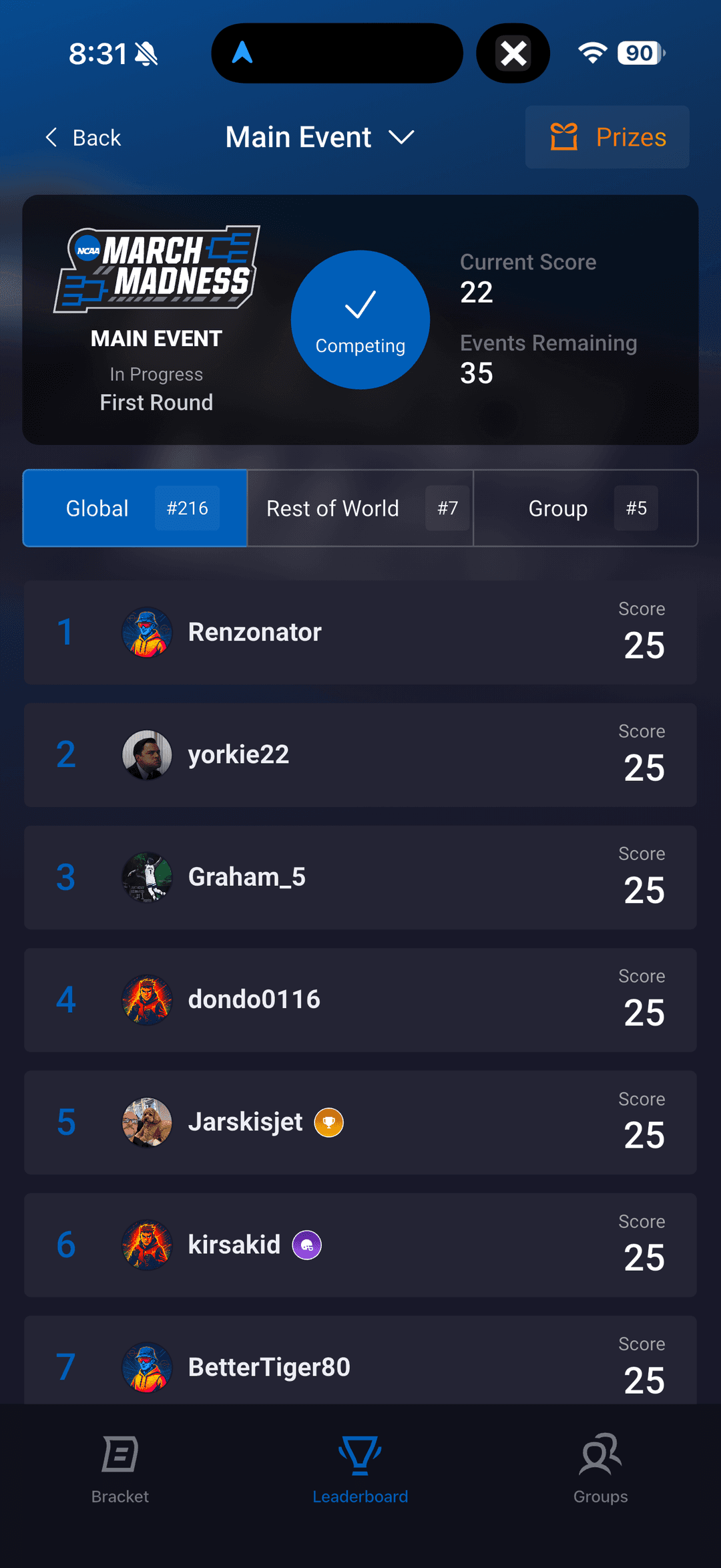 HotTakes March Madness live leaderboard with global, regional, and group rankings