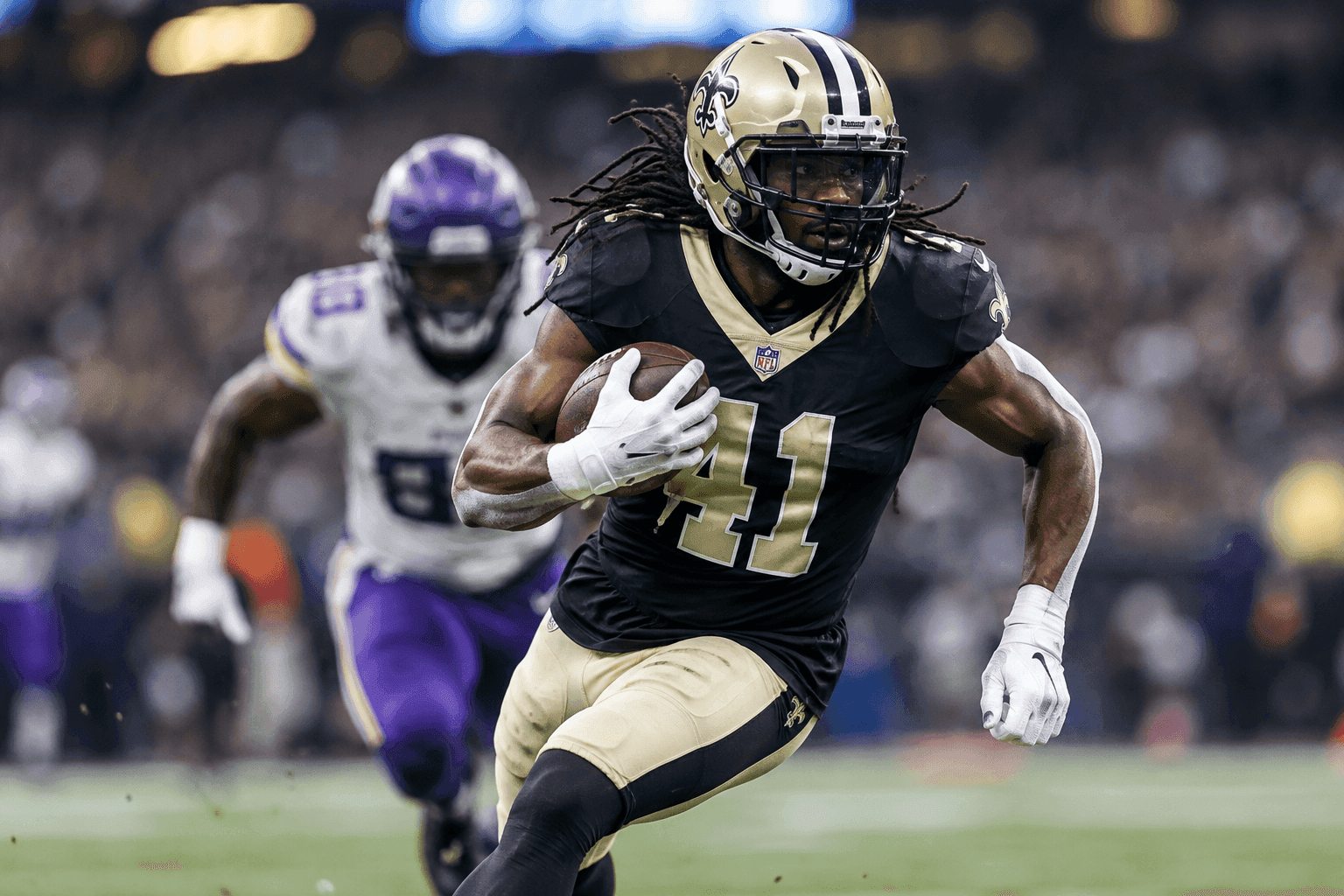 Editorial sports image for Alvin Kamara Expected to Play Through Back Injury Against Vikings