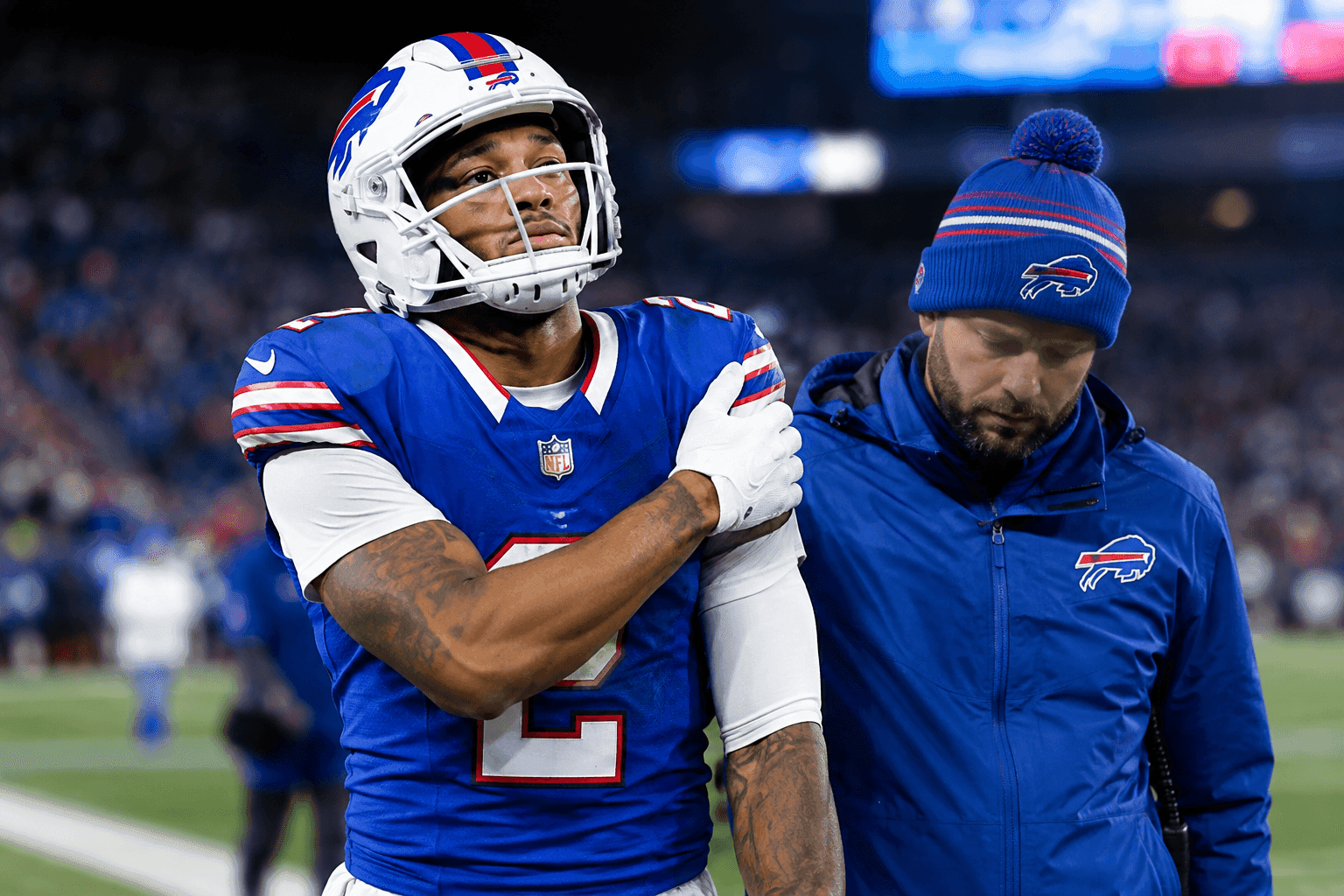 Editorial sports image for DJ Moore heads to the locker room for X-rays as the Bills cruise against Detroit