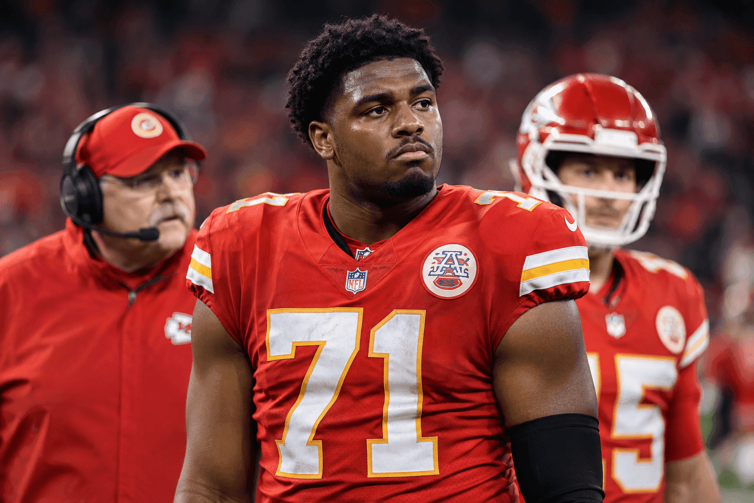 Editorial sports image for Chiefs Send LT Josh Simmons to IR After Meeting Room Meltdown