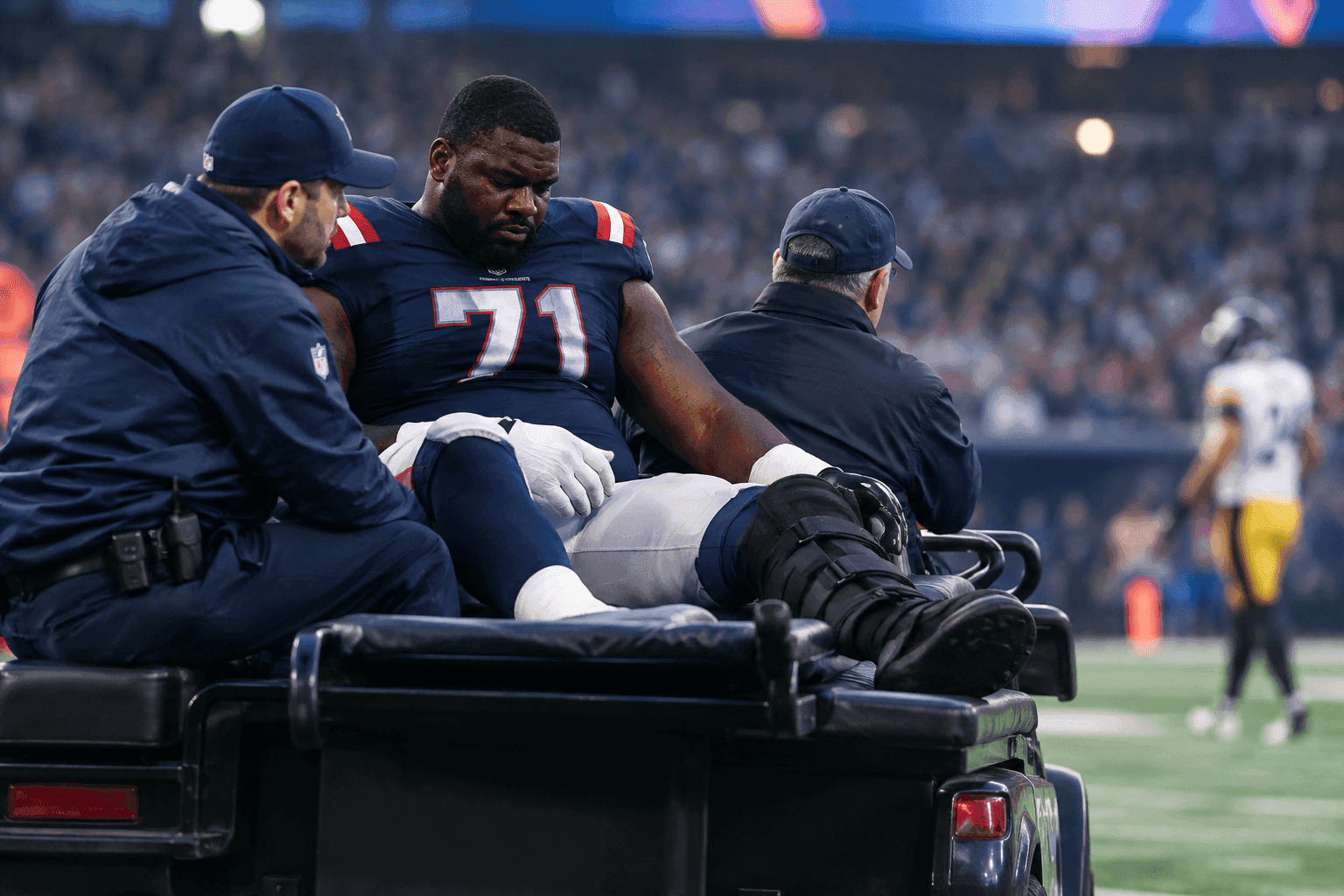 Editorial sports image for Patriots Lose Starting RG Mike Onwenu to Broken Ankle in Win Over Steelers