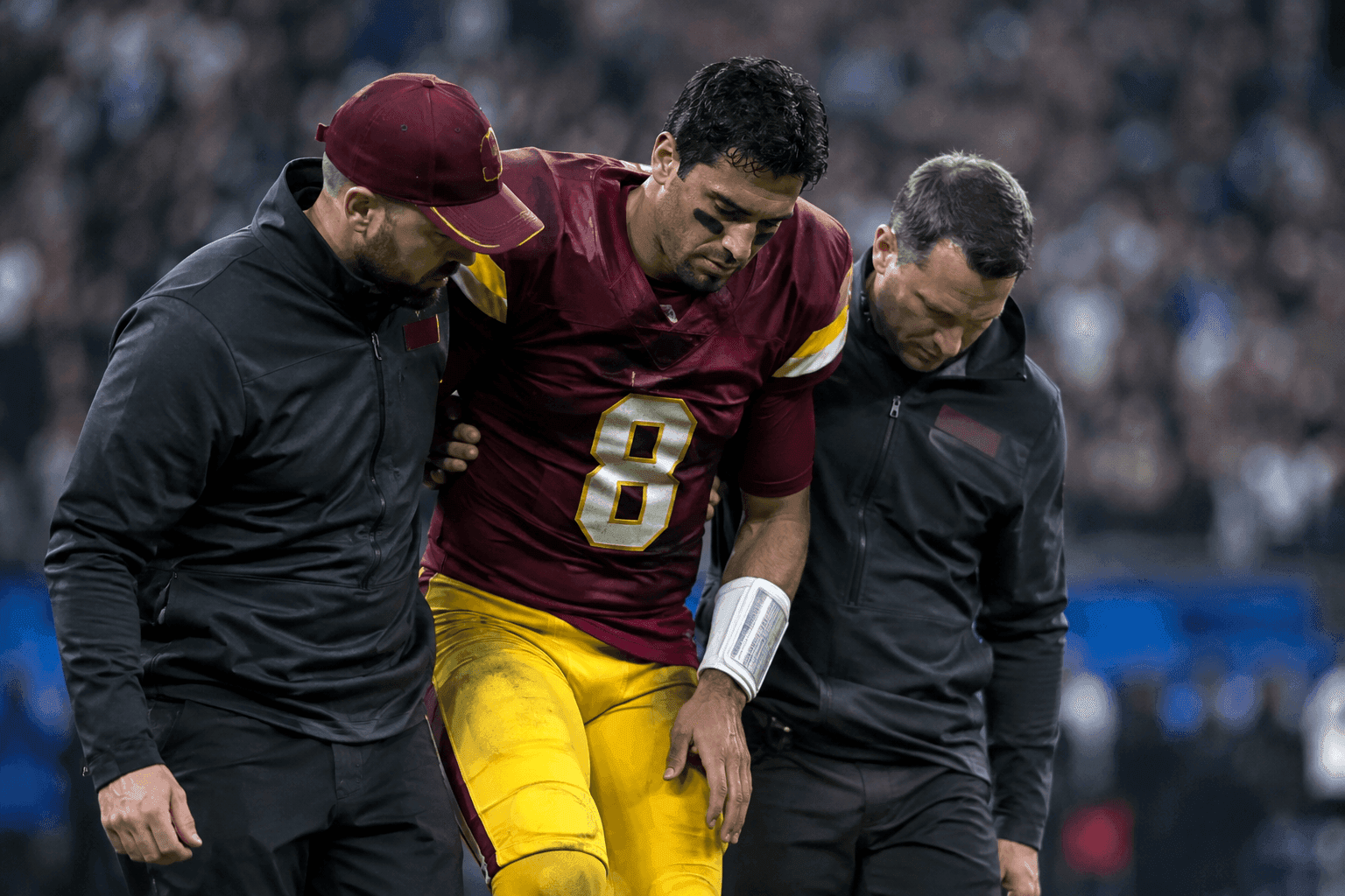 Editorial sports image for Marcus Mariota Suffers Second MCL Sprain During Commanders' London Meltdown