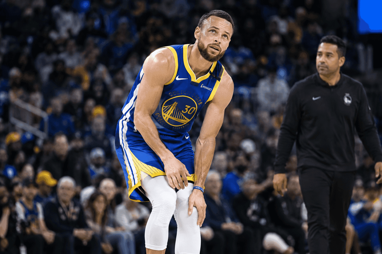 Editorial sports image for Steph Curry Limps Out of Open Practice, Sending Warriors Fans into a Panic Spiral