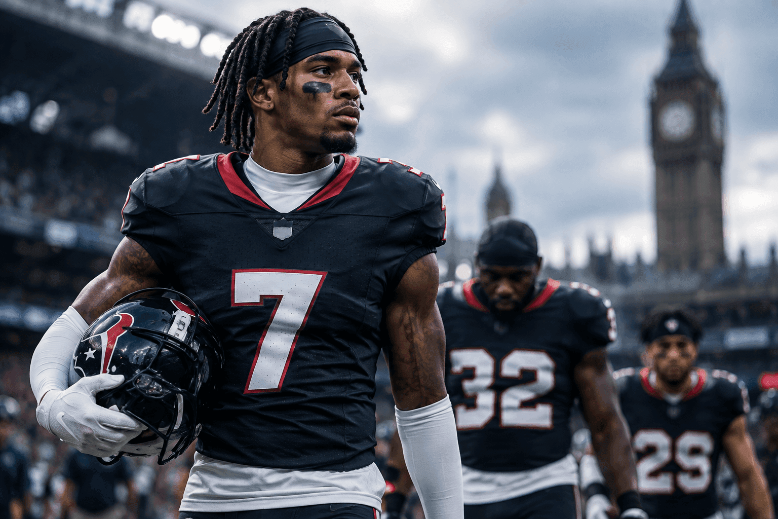 Editorial sports image for Texans Leave Tank Dell, David Montgomery, and Jalen Pitre Grounded Ahead of London Clash