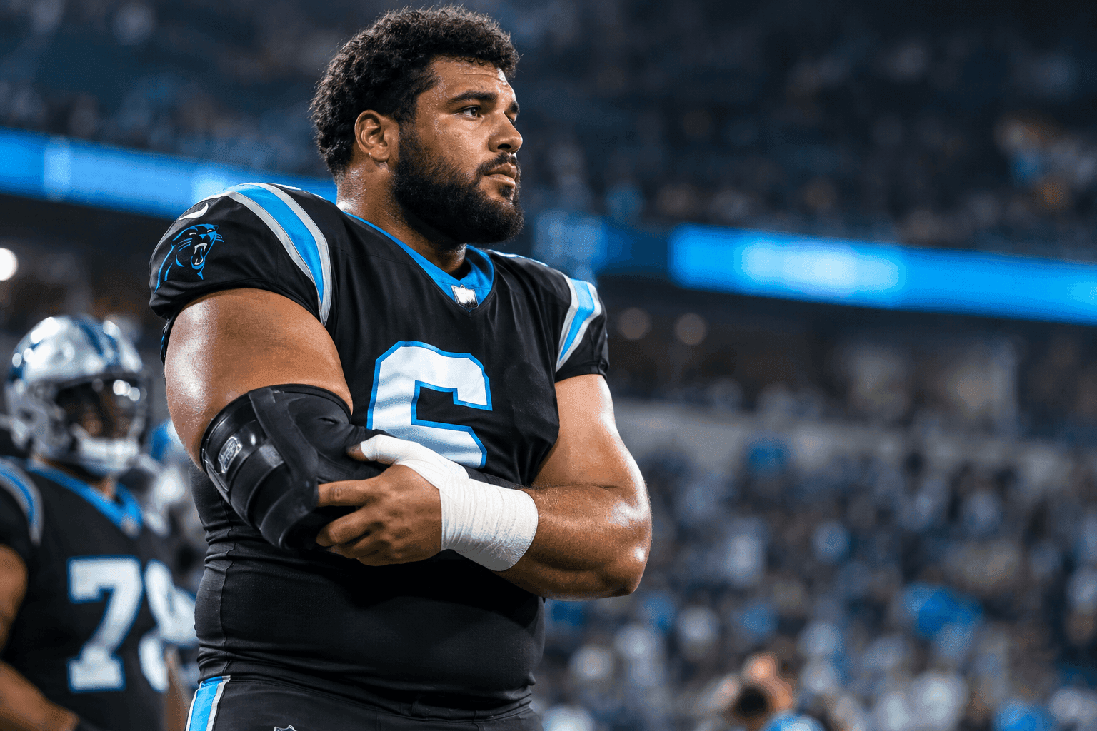 Editorial sports image for Panthers Lose Damien Lewis to UCL Tear Just in Time for the Lions
