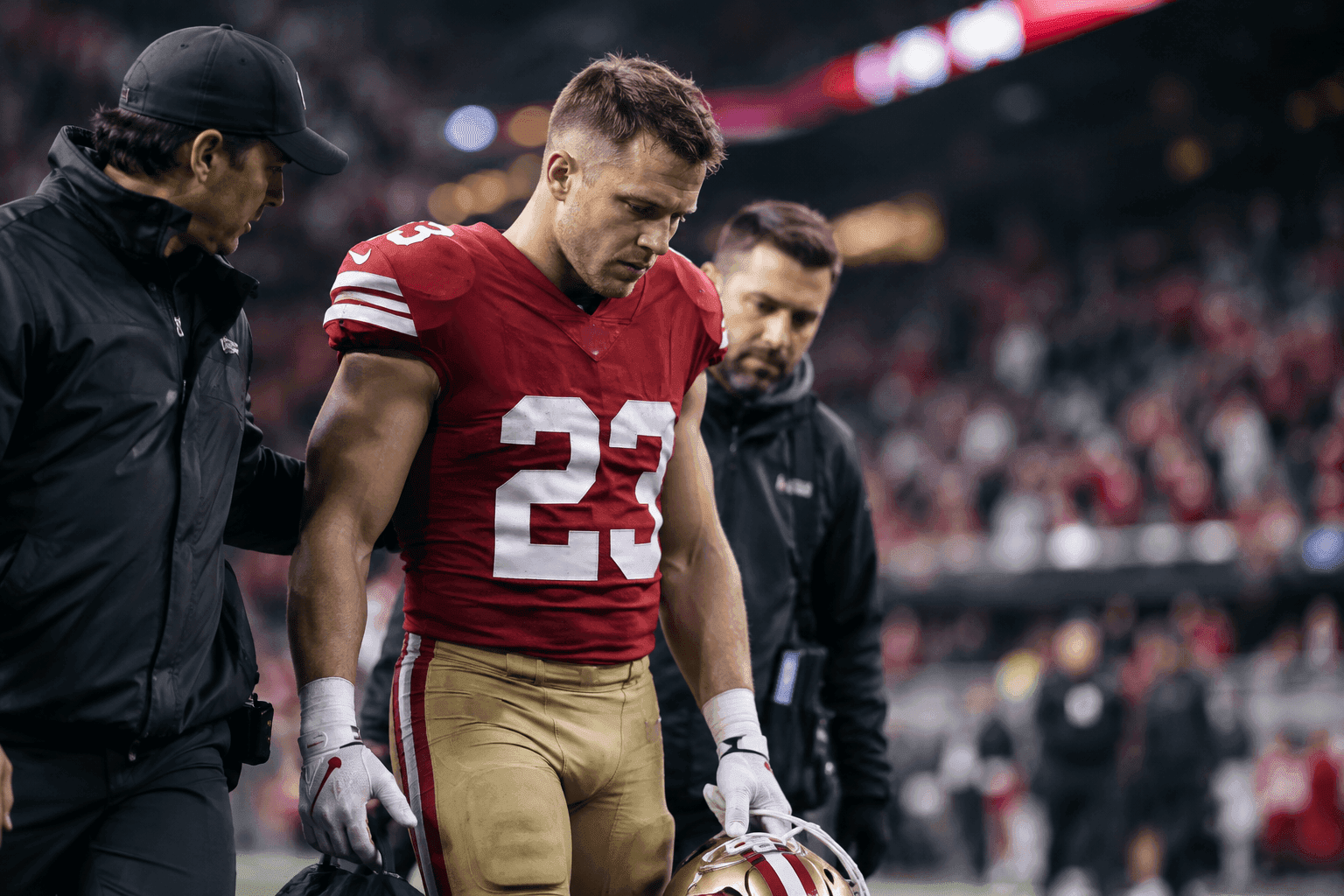 Editorial sports image for Christian McCaffrey Heads to the Locker Room, Sending 49ers Fans Into a Panic