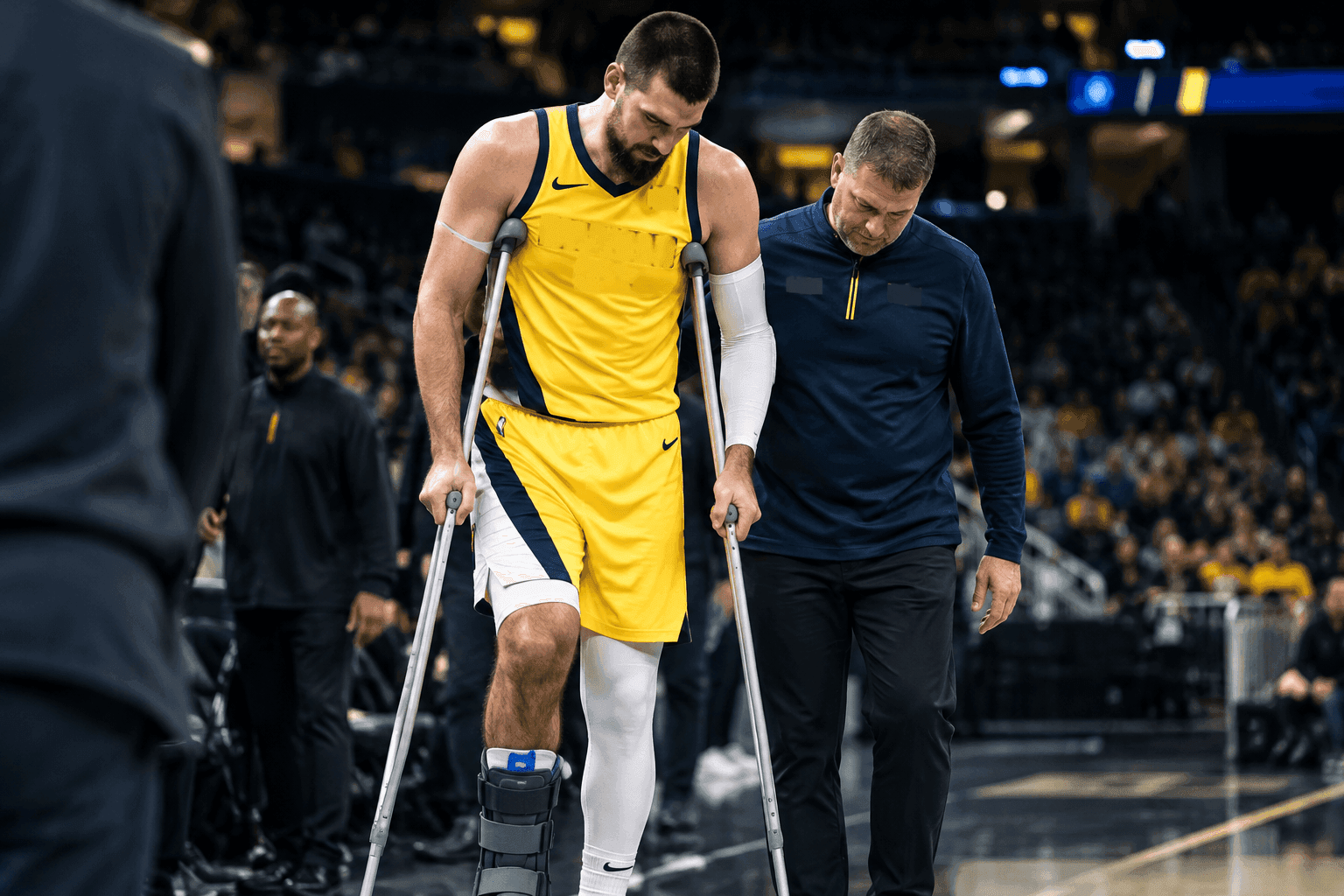 Editorial sports image for Ivica Zubac Leaves Arena on Crutches, Handing the Desperate Bucks a Massive Break