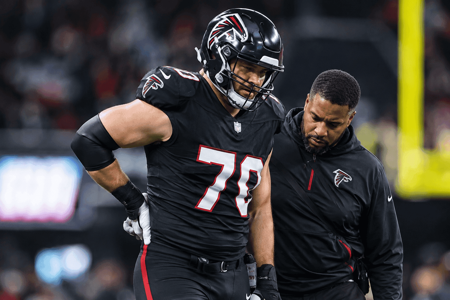 Editorial sports image for Falcons Lose LT Jake Matthews to Groin Injury Mid-Game