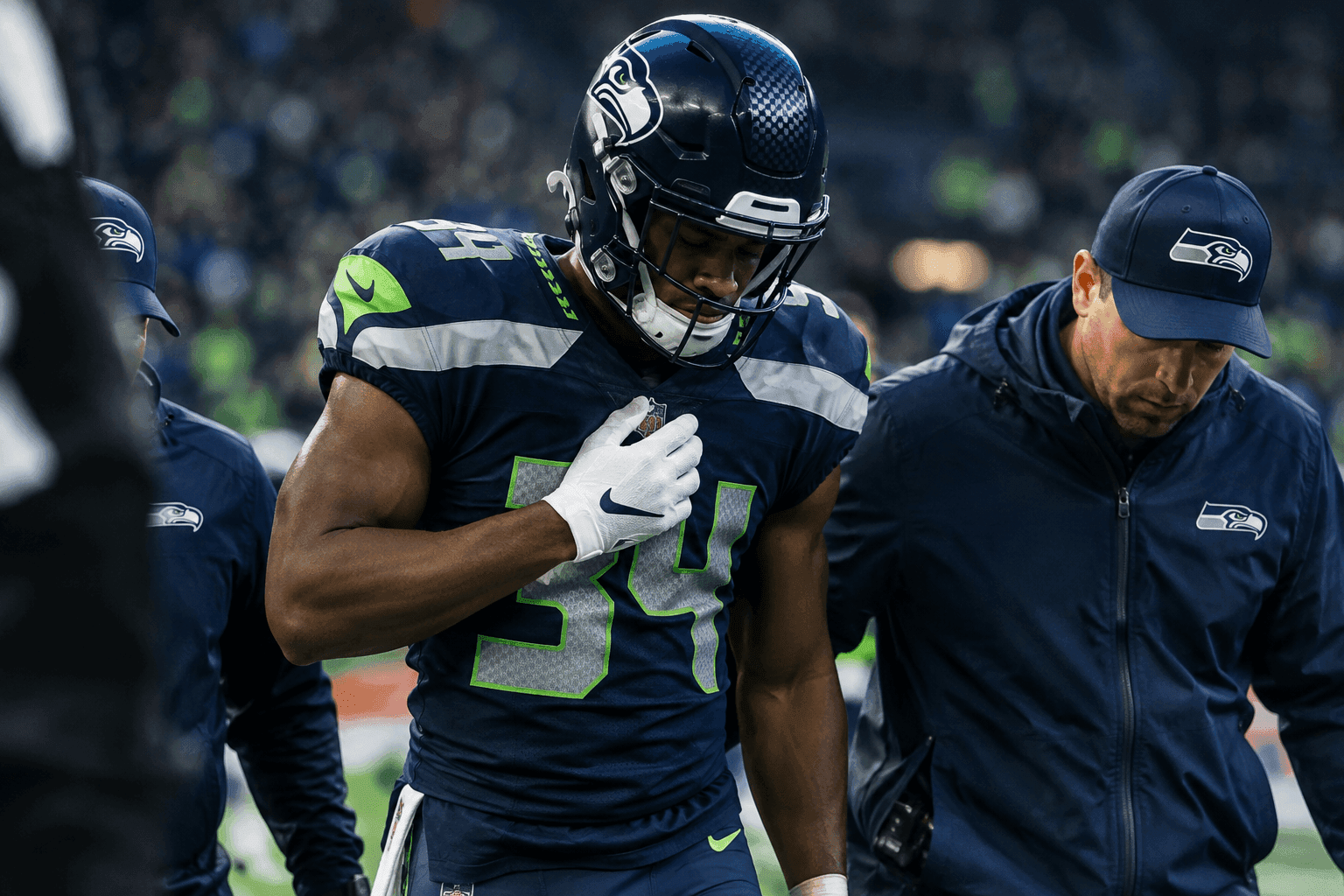 Editorial sports image for Seahawks Backfield Cursed Again as Rookie Jadarian Price Exits With Chest Injury