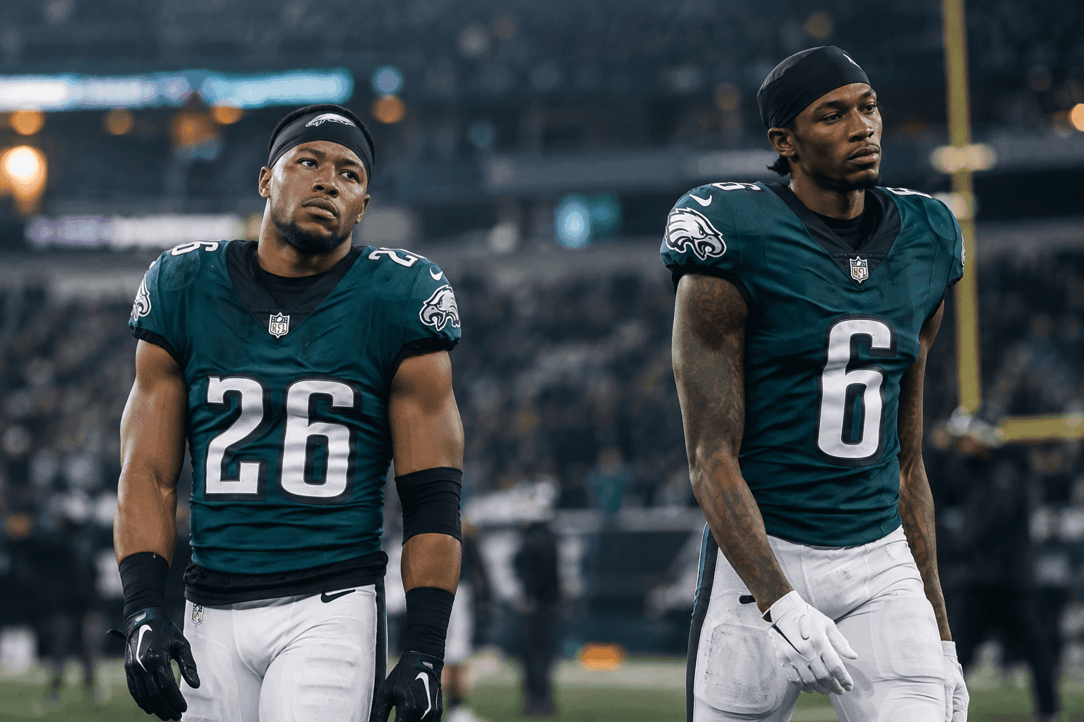 Editorial sports image for Eagles Offense Hits the Brakes as Saquon Barkley and DeVonta Smith Sit Out with Hamstring Issues