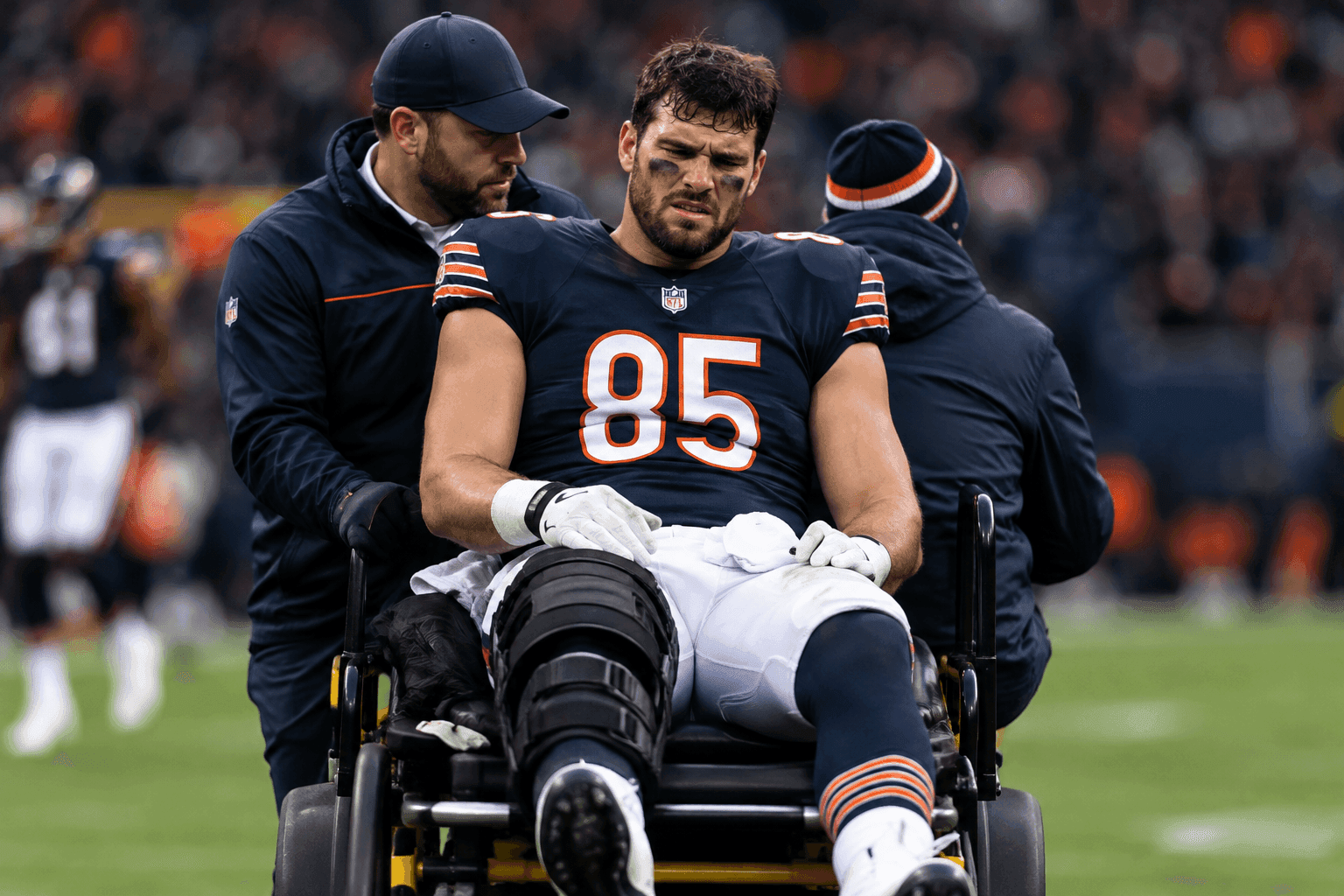 Editorial sports image for Bears Hold Their Breath After Cole Kmet Suffers Non-Contact Knee Injury