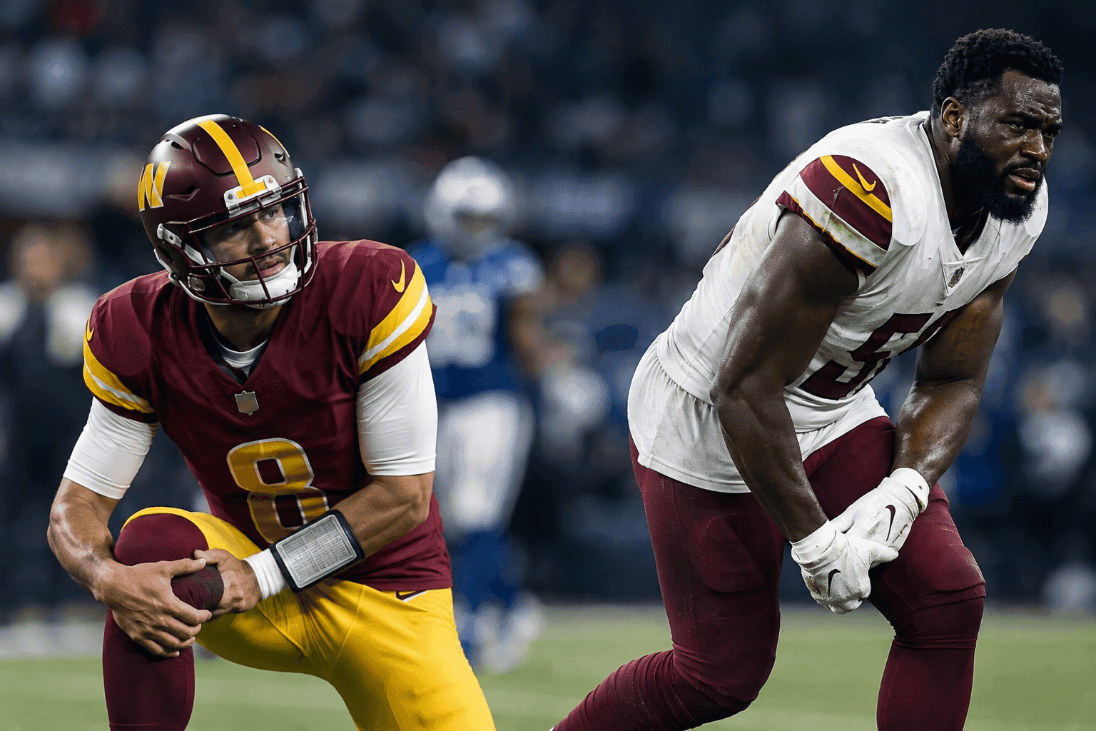 Editorial sports image for Commanders Lose Marcus Mariota and Charles Omenihu Mid-Game Against Colts