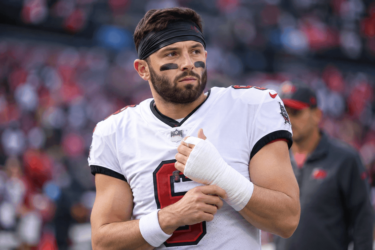 Editorial sports image for Baker Mayfield Sidelined 3-6 Weeks With Dislocated Thumb