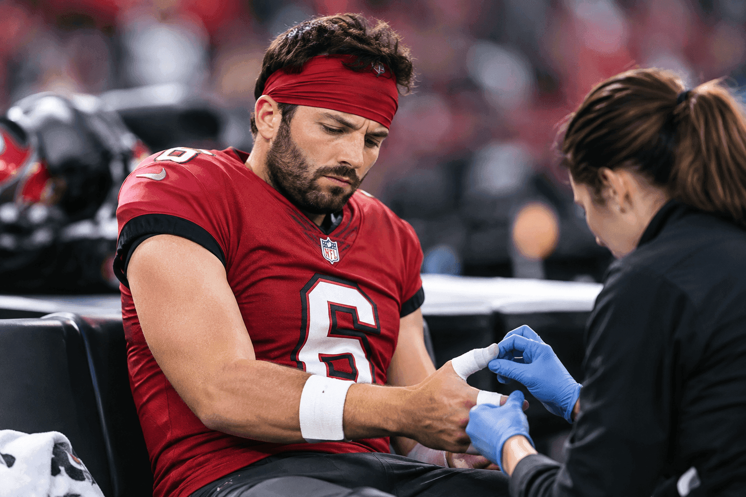 Editorial sports image for Baker Mayfield is treating his thumb injury timeline like a mere suggestion