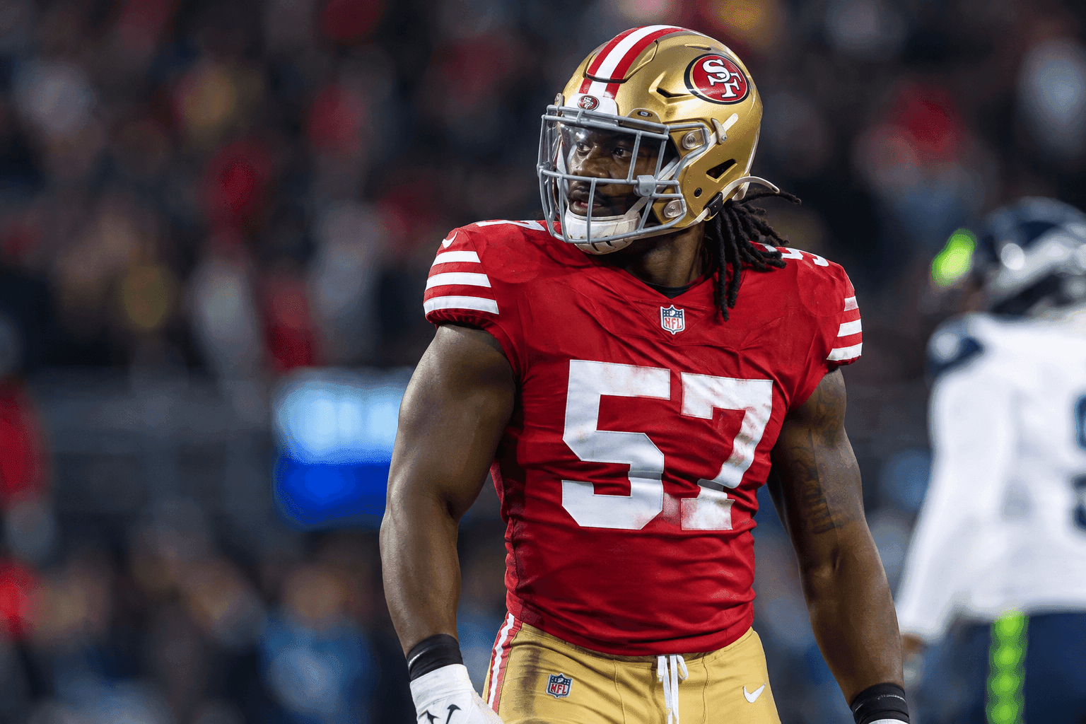 Editorial sports image for Dre Greenlaw Suspended One Game After Helmet-to-Helmet Head-Butt