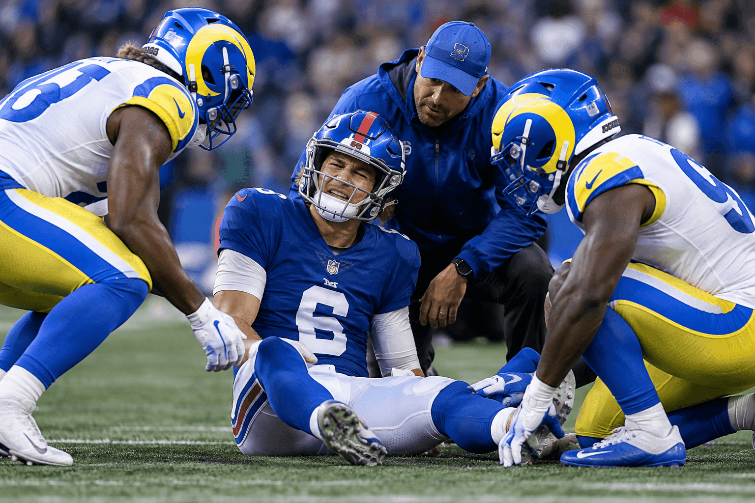 Editorial sports image for Jaxson Dart Exits With Knee Injury, Forcing the Giants Back Into the Jameis Winston Experience