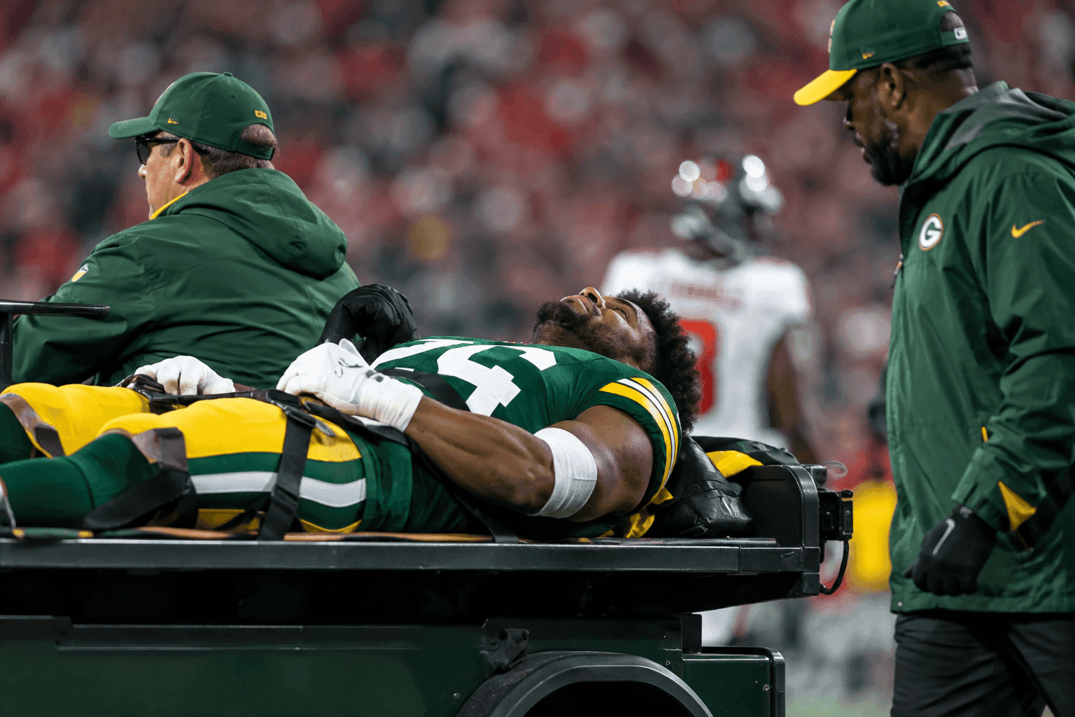 Editorial sports image for Packers LB Edgerrin Cooper Carted Off With Brutal Achilles Injury Against Bucs