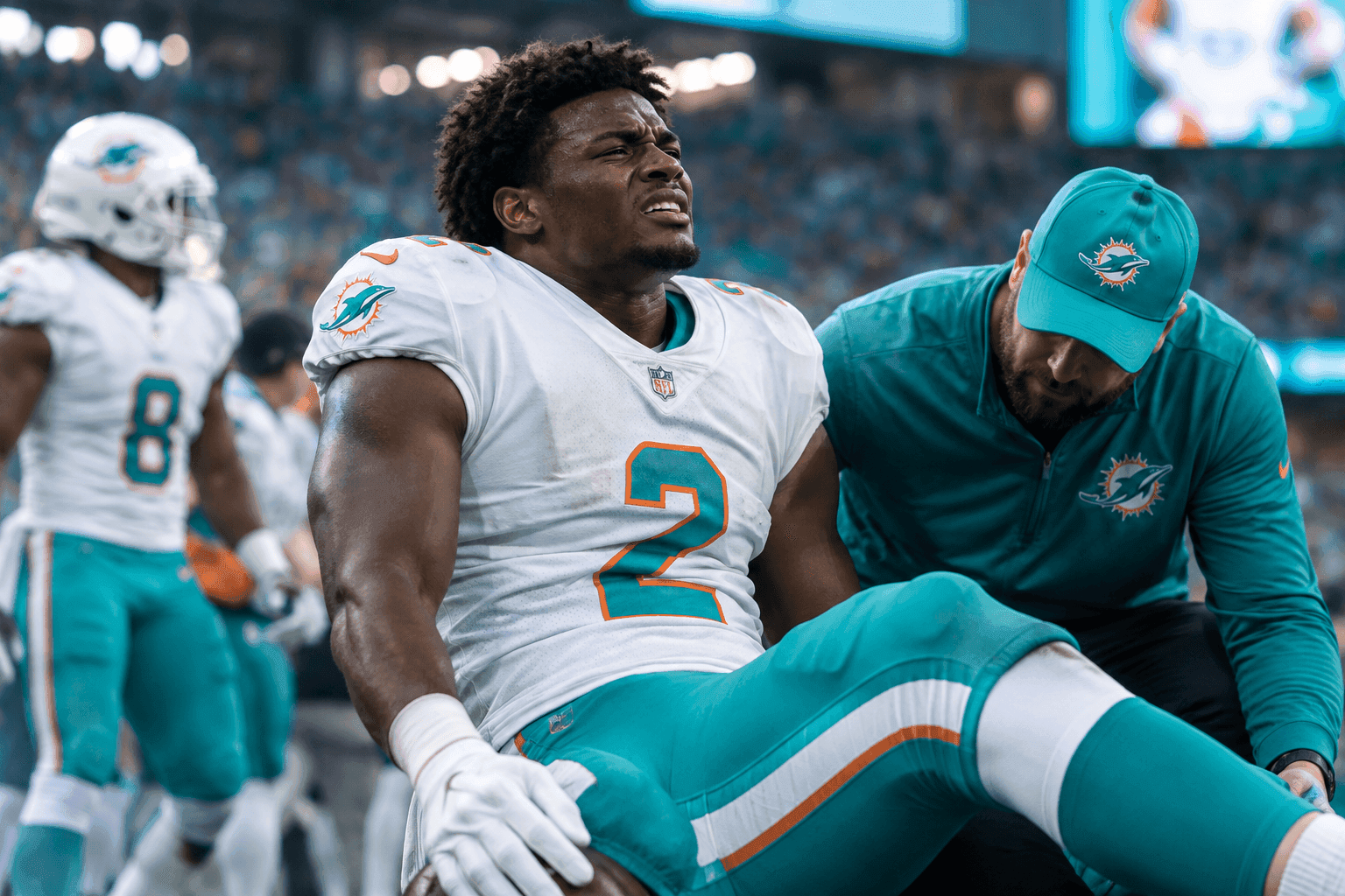 Editorial sports image for Dolphins Rookie Kyle Louis Sidelined With MCL Sprain Just As The Schedule Gets Brutal
