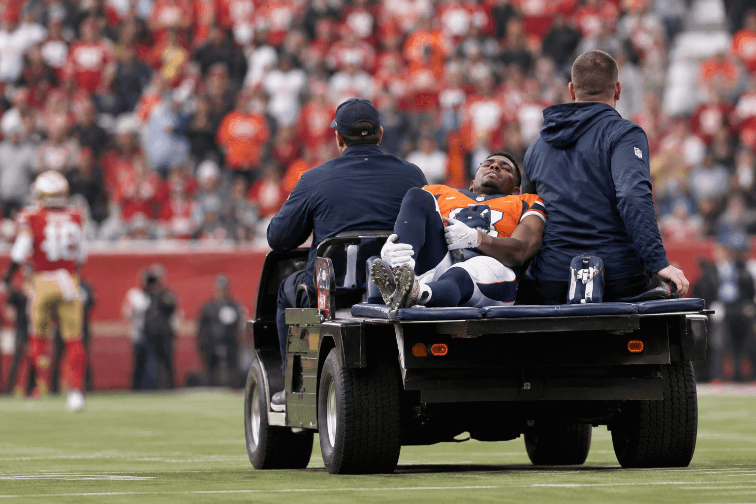 Editorial sports image for Broncos WR Pat Bryant Carted Off With Leg Injury Against 49ers