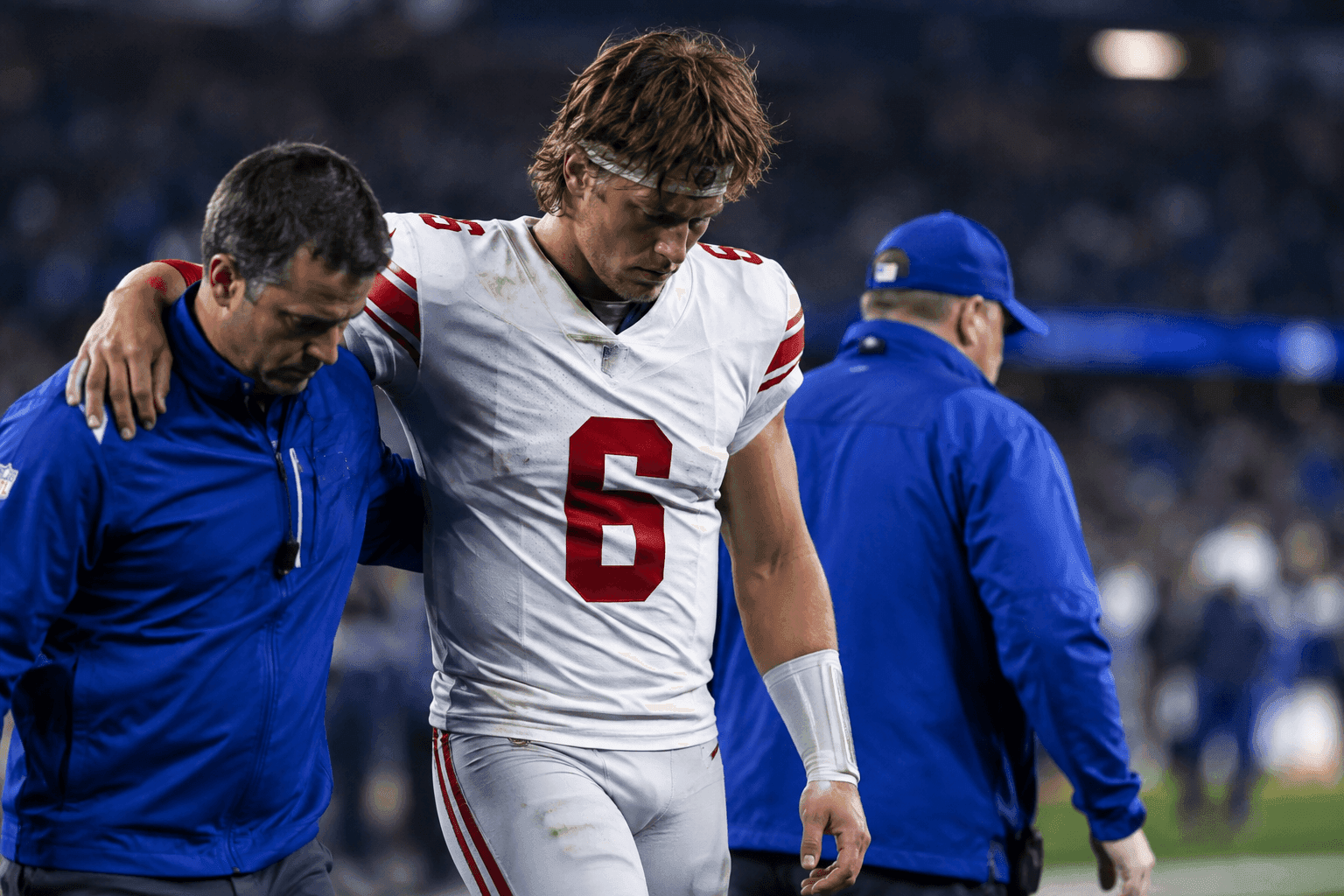 Editorial sports image for Giants QB Jaxson Dart Ruled Out With Knee Injury Against Rams