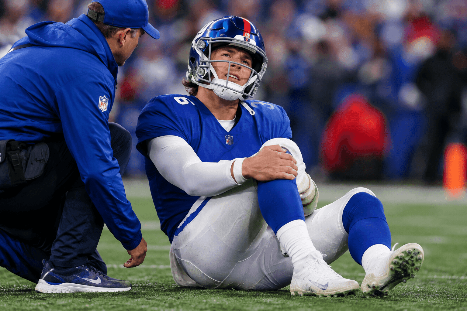 Editorial sports image for MRI Ruins Giants' Season as Jaxson Dart Suffers Major Knee Injury