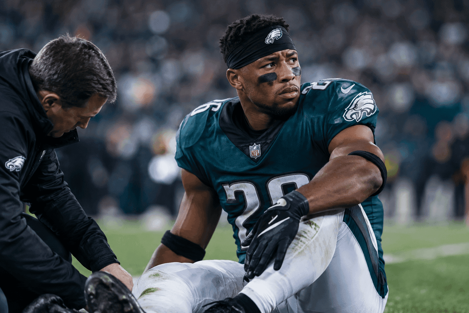 Editorial sports image for Saquon Barkley's Hamstring Injury Leaves Eagles in 'Week-to-Week' Purgatory