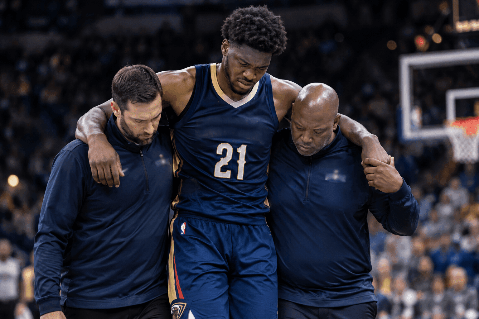 Editorial sports image for Pelicans Rookie Yves Missi Helped to Locker Room with Leg Injury