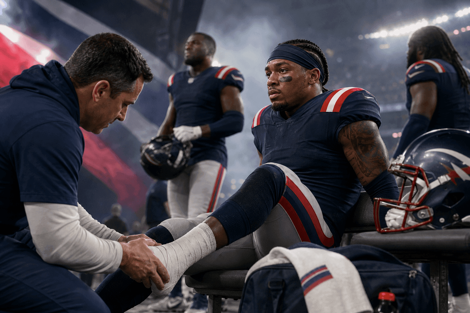 Editorial sports image for TreVeyon Henderson's Ankle Injury Has the Patriots Playing Week 1 Roulette