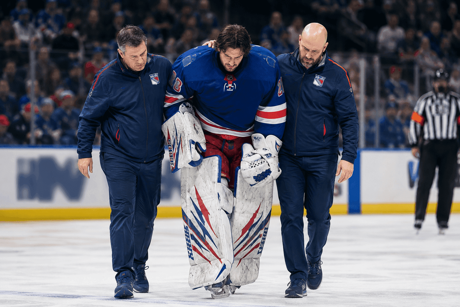 Editorial sports image for Rangers Hold Their Breath as Igor Shesterkin Exits with Lower-Body Injury