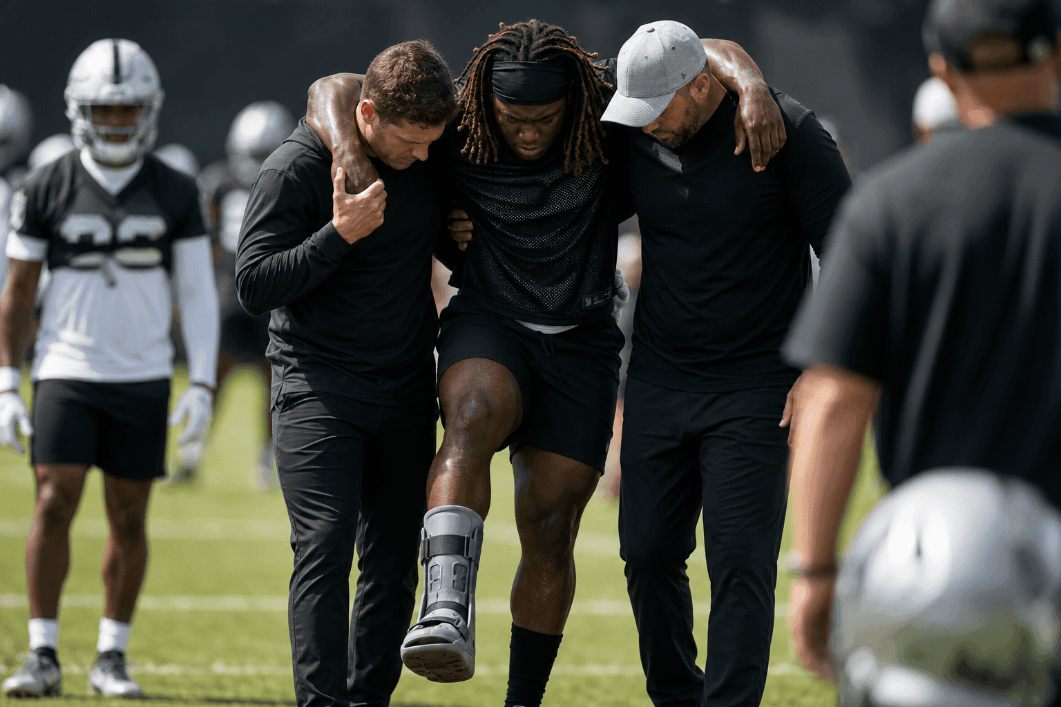 Editorial sports image for Raiders Dodge a Bullet as Ashton Jeanty Escapes Practice Scare with Sprained Ankle