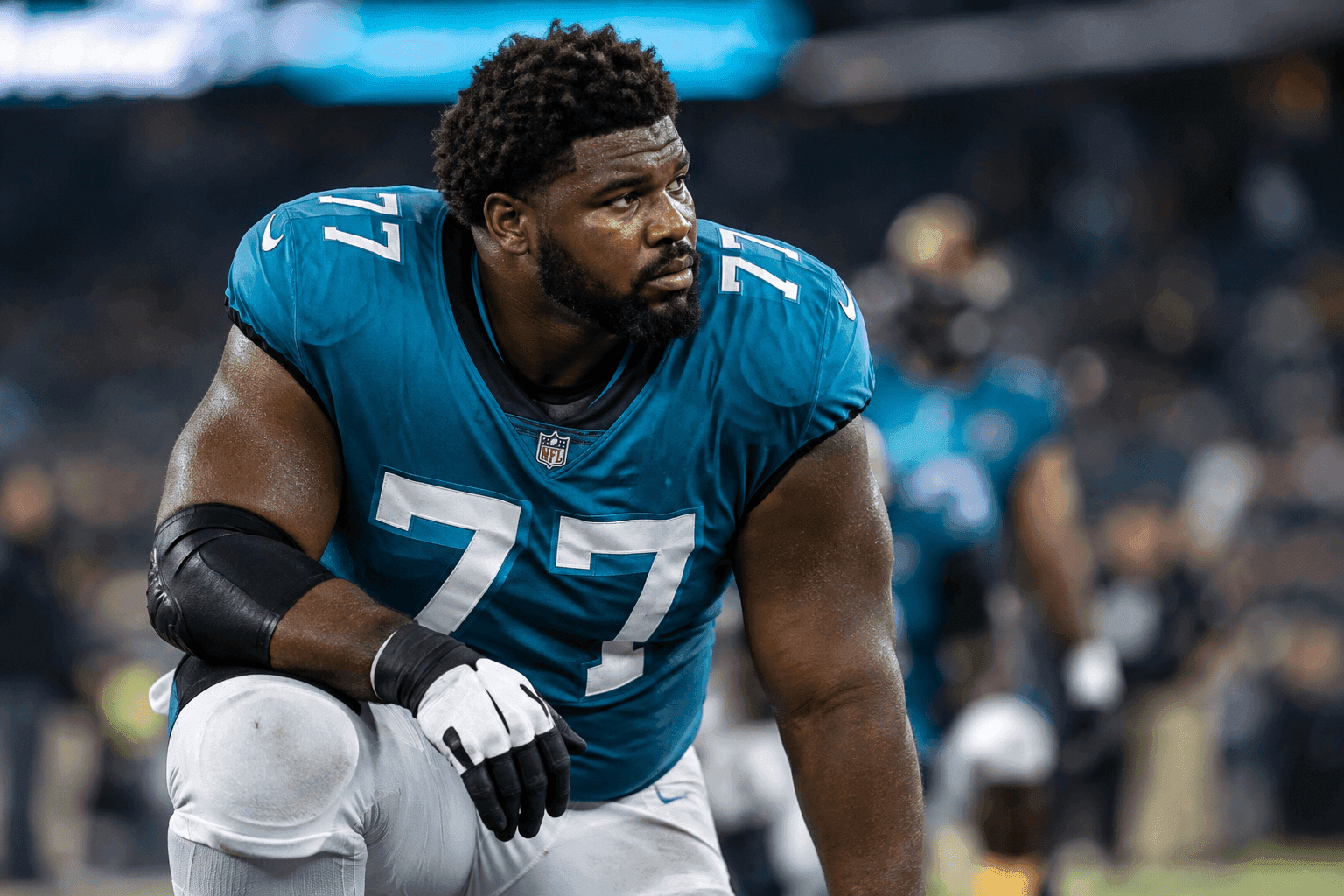 Editorial sports image for Jaguars LT Anton Harrison's Knee Surgery Leaves Jacksonville's Blindside in Limbo