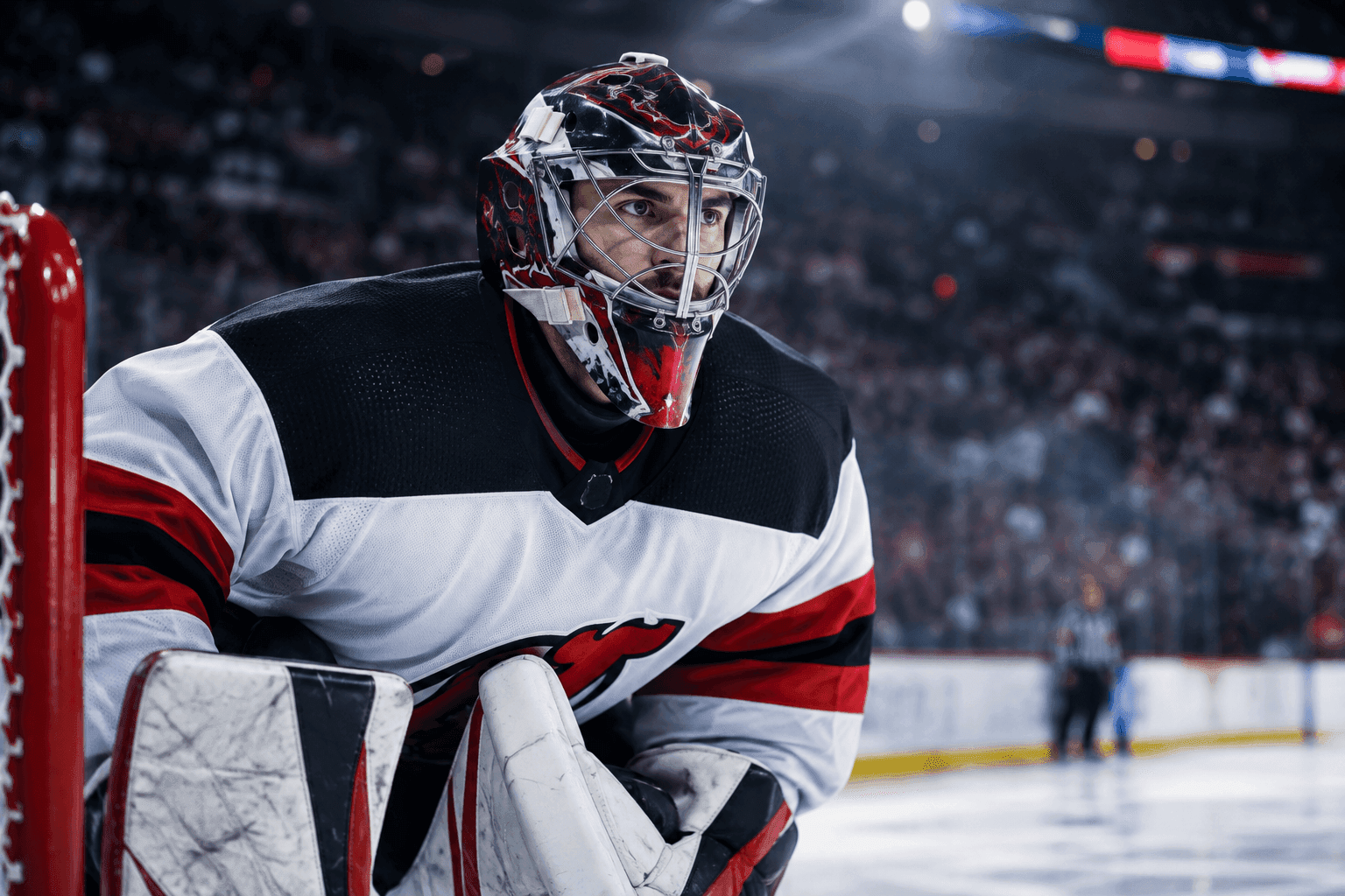 Editorial sports image for Connor Hellebuyck Thrown Right Into the Fire for Devils Debut in Dallas