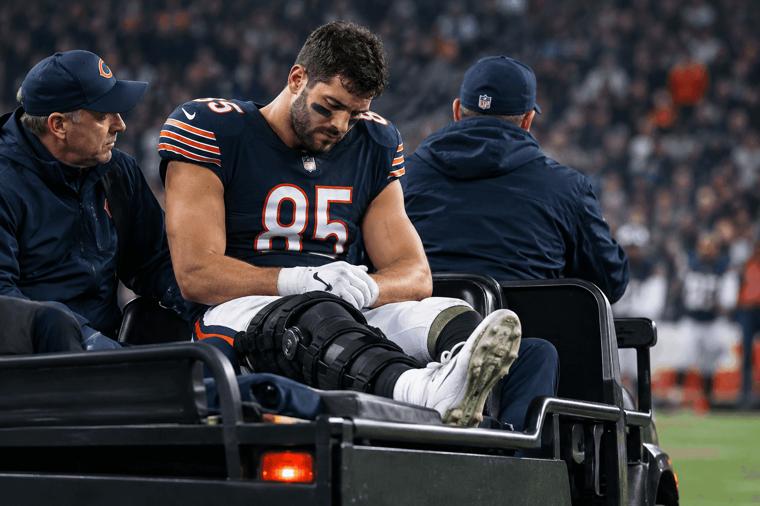 Editorial sports image for The Bears Survived the Patriots but Lost Cole Kmet to a Brutal Knee Injury