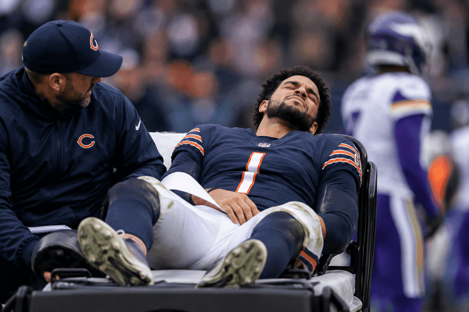 Editorial sports image for Caleb Williams Carted Off With Hamstring Injury as Bears Fall to Vikings