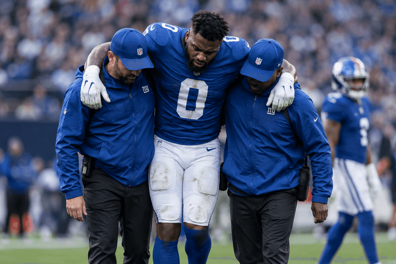 Editorial sports image for Brian Burns Adds Knee Injury to Ankle Sprain in Giants' Clash with Titans