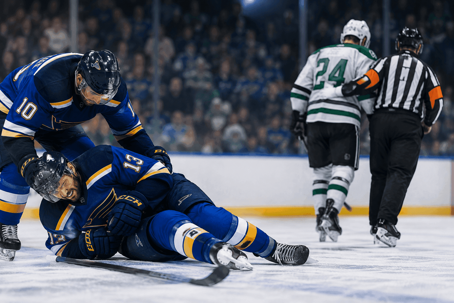 Editorial sports image for Blues Blank Stars 4-0, But Lose Toropchenko to Injury and Carlo to Ejection