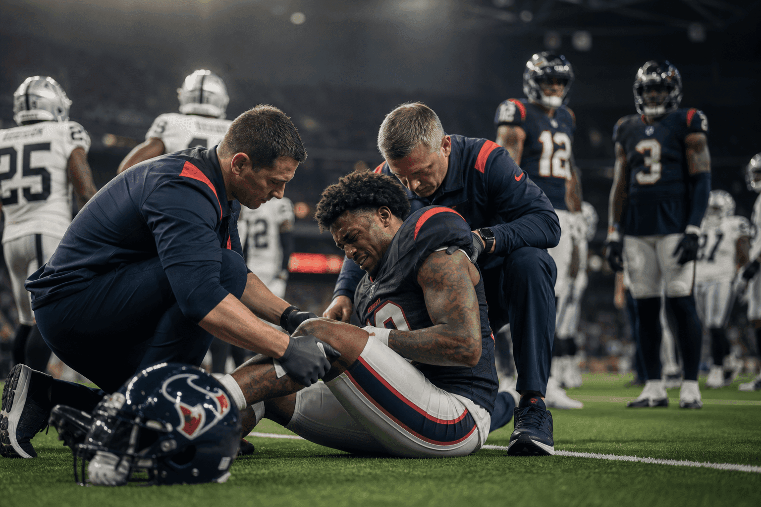 Editorial sports image for Jayden Higgins Tears ACL in Joint Practice, Leaving Texans WR Room Running on Fumes