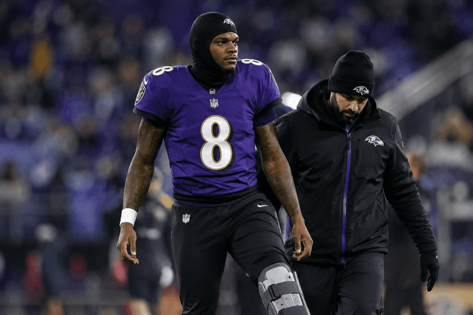 Editorial sports image for Lamar Jackson's Walking Boot Has the Entire AFC Holding Its Breath
