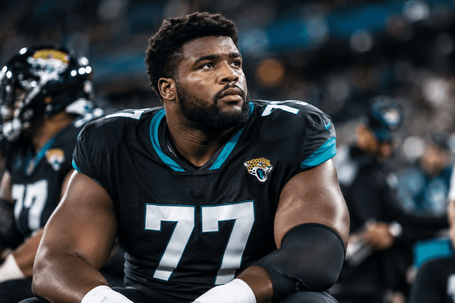 Editorial sports image for Jaguars LT Anton Harrison Wakes Up From Knee Scope With a Torn ACL
