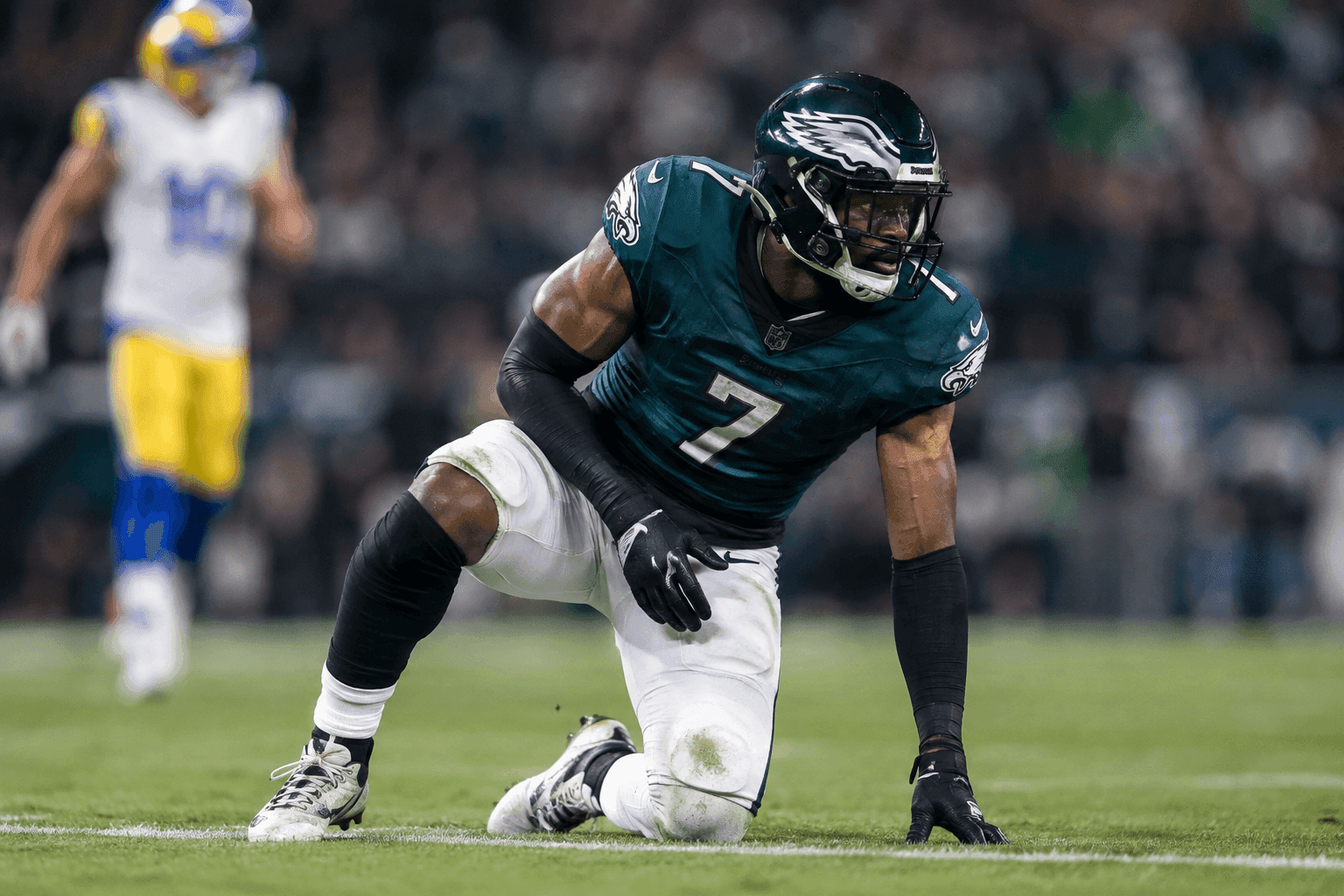 Editorial sports image for Eagles Lose LB Jonathan Greenard to Ankle Injury Amid Double-Digit Lead Over Rams