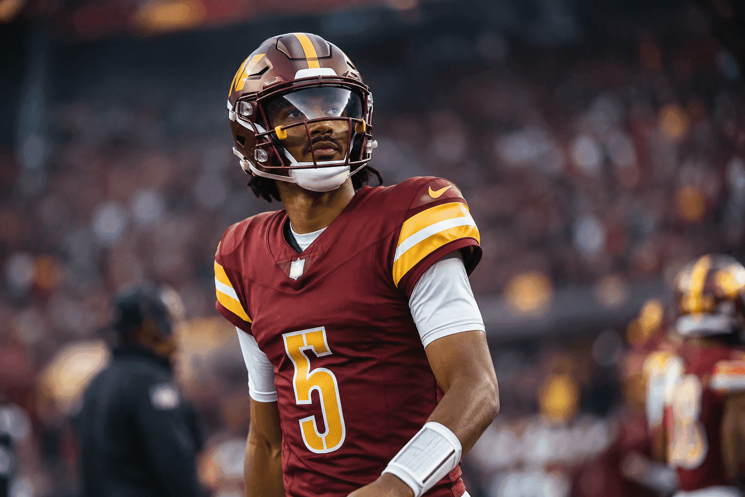 Editorial sports image for Jayden Daniels Officially Ruled Out for Sunday's Matchup Against the Colts