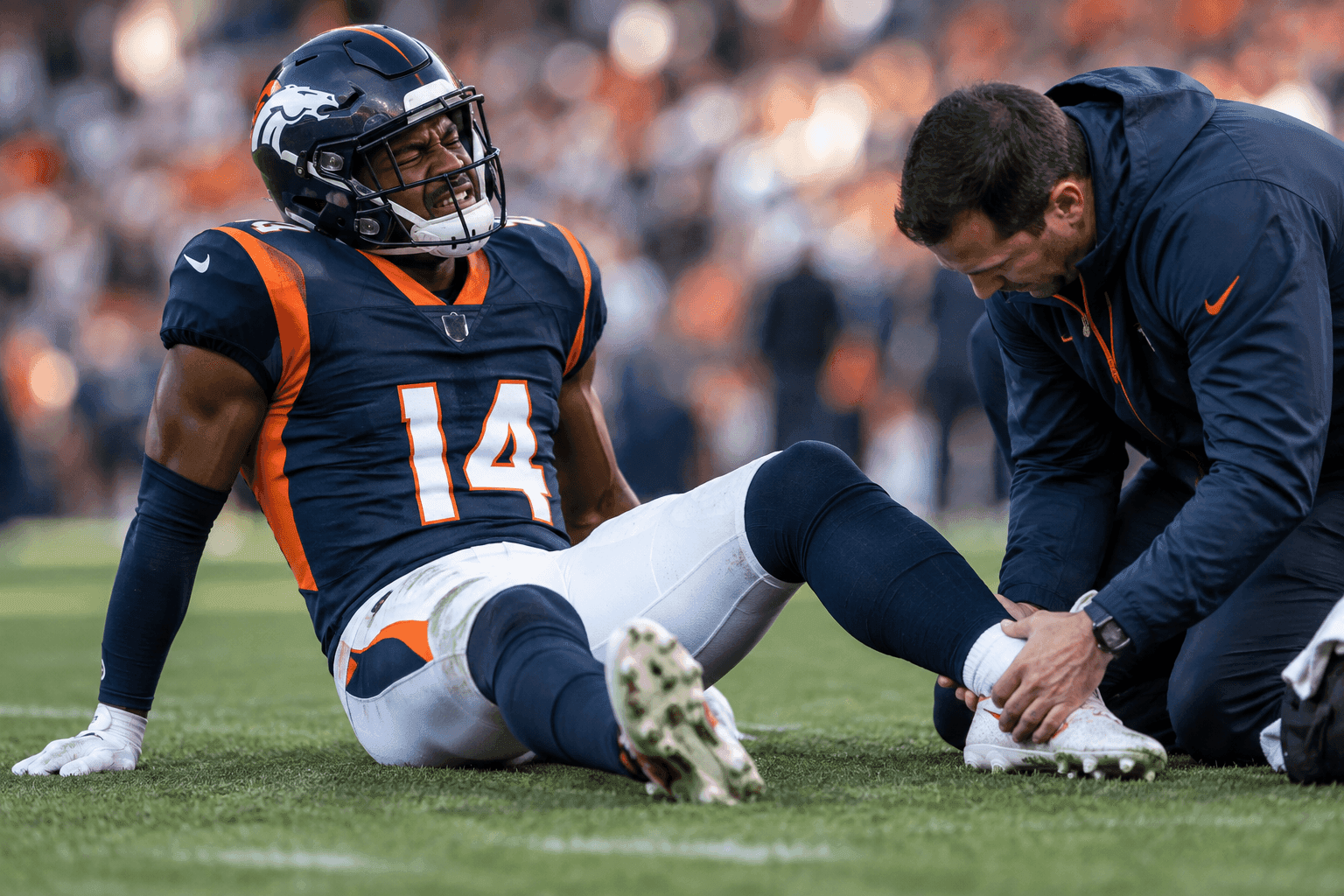 Editorial sports image for Broncos WR Pat Bryant Sidelined for 'A Few Weeks' After Ankle Sprain in San Francisco