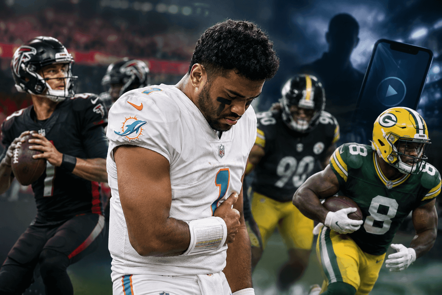 Editorial sports image for Tua Tagovailoa Out for Falcons as NFL Hunts Down Josh Jacobs Video
