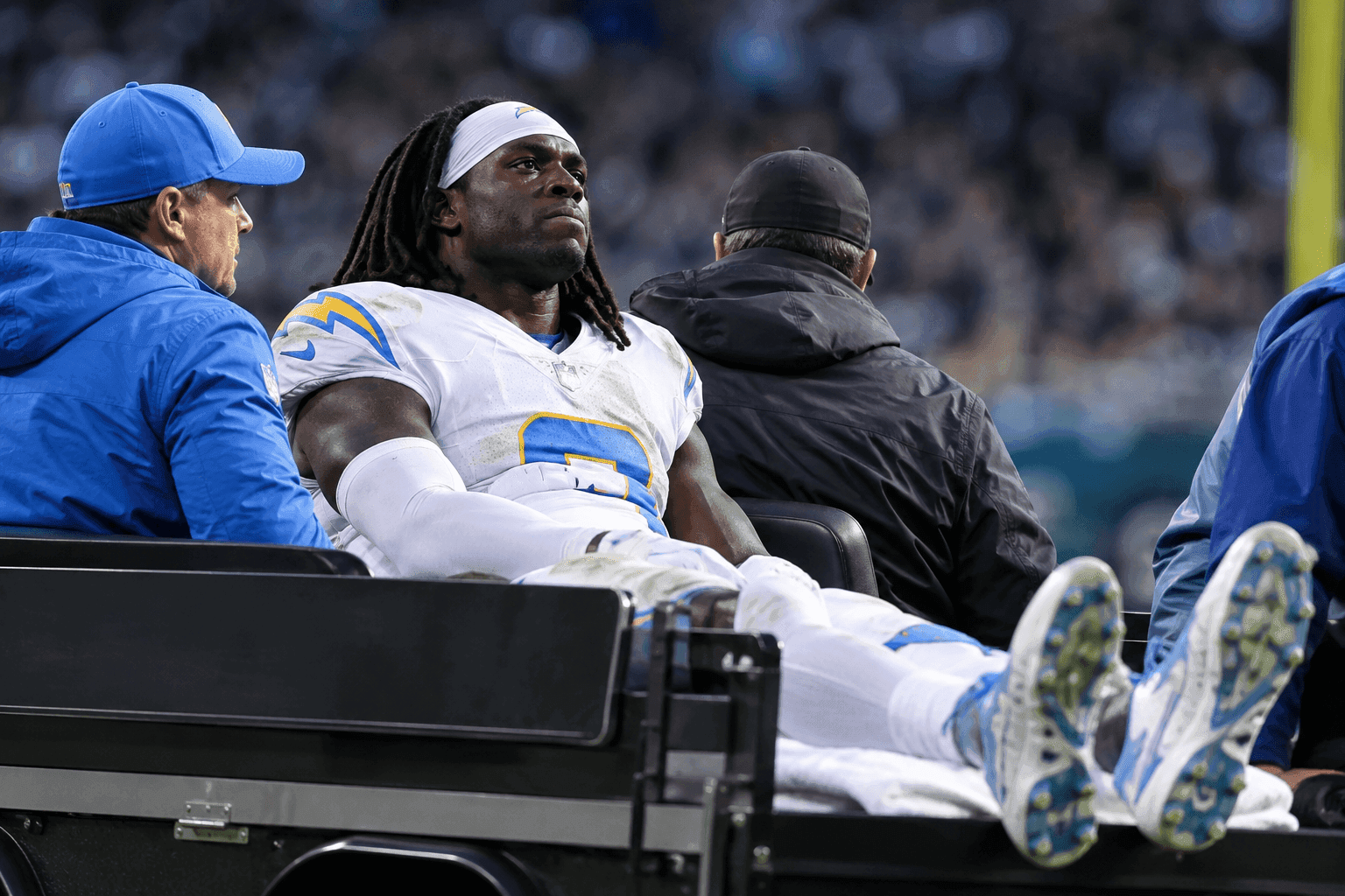 Editorial sports image for Chargers TE David Njoku Carted Off Against Raiders