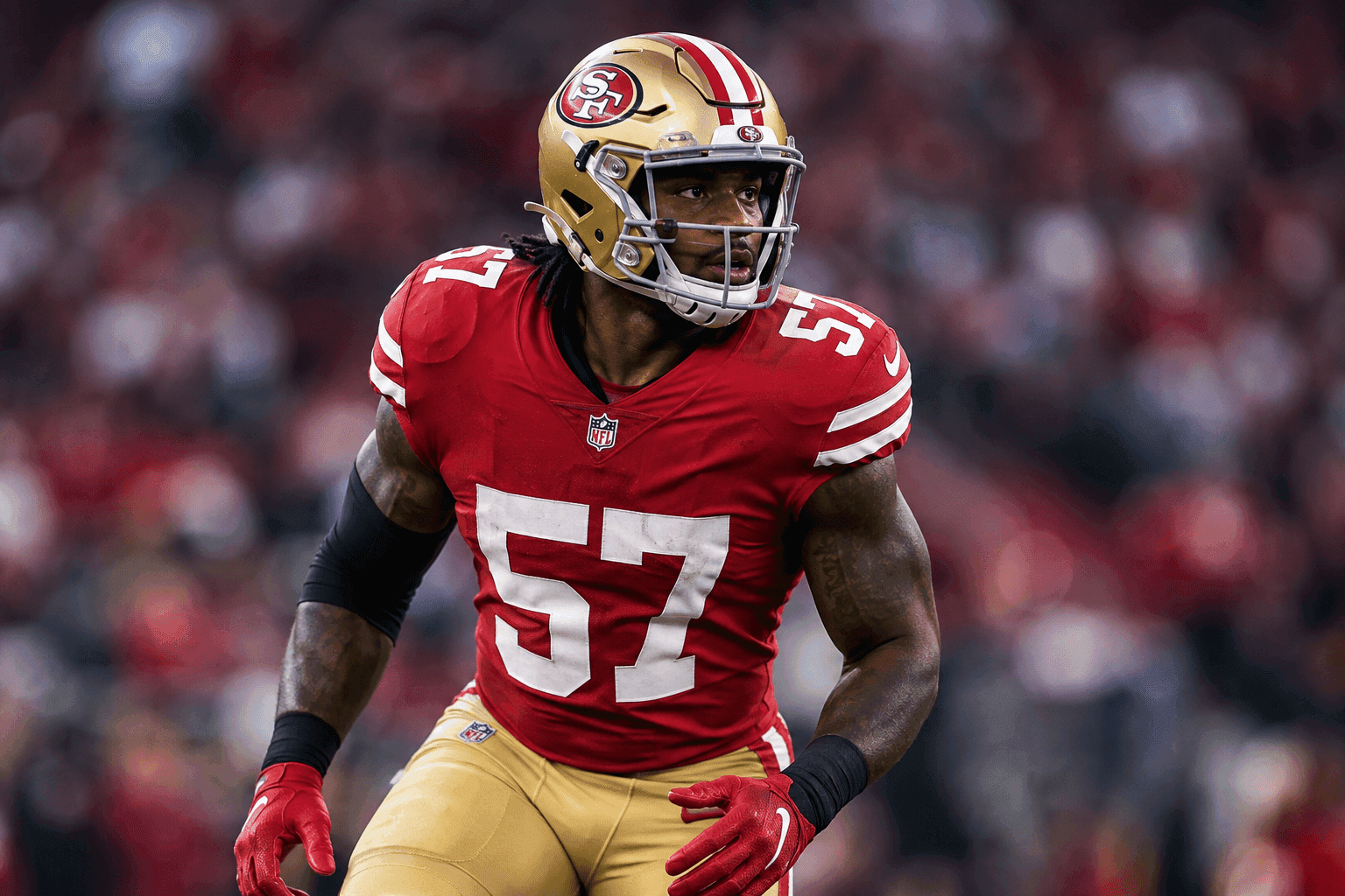 Editorial sports image for Dre Greenlaw Expected to Play Against Broncos Despite Quad Injury